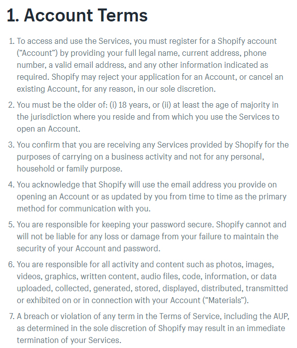 Shopify Terms of Service: Account Terms clause