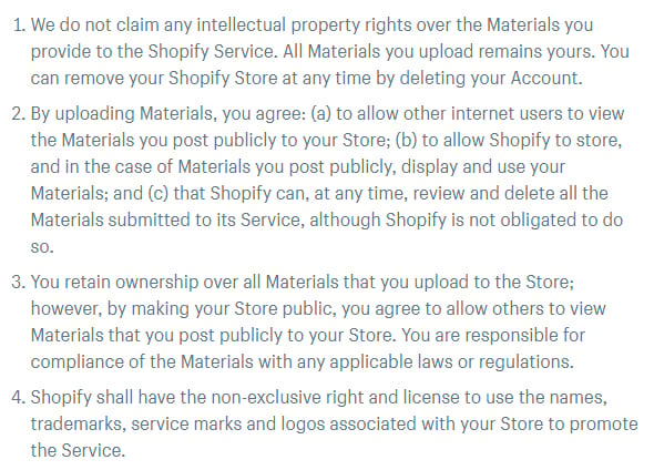 Shopify Terms of Service: Intellectual Property and Customer Content clause