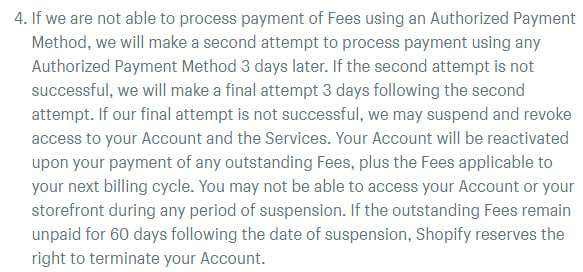 Shopify Terms of Service: Excerpt of Payment and Fees clause - Suspend account