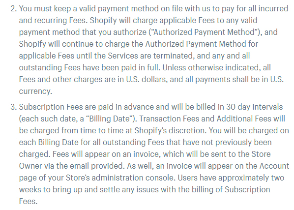 Shopify Terms of Service: Excerpt of Payment and Fees clause - Payment method and Subscription Fees