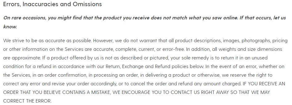 Society6 Terms of Service: Errors, Inaccuracies and Omissions clause