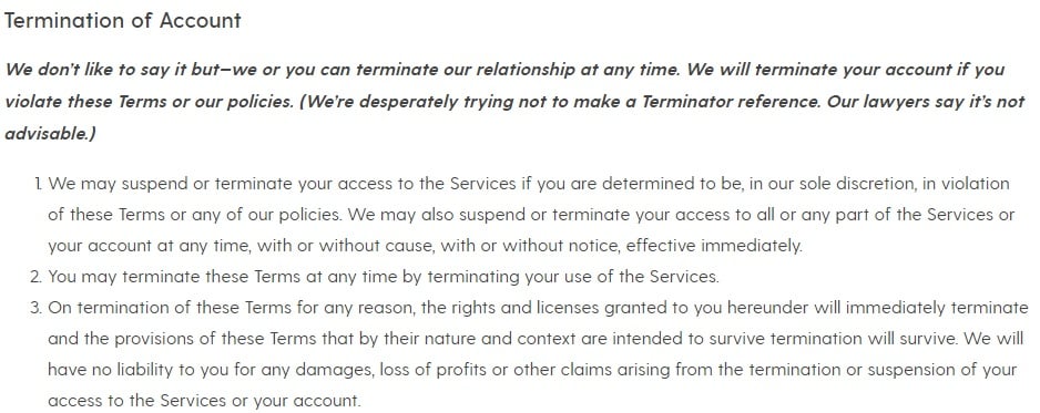 Society6 Terms of Service: Termination of Account clause