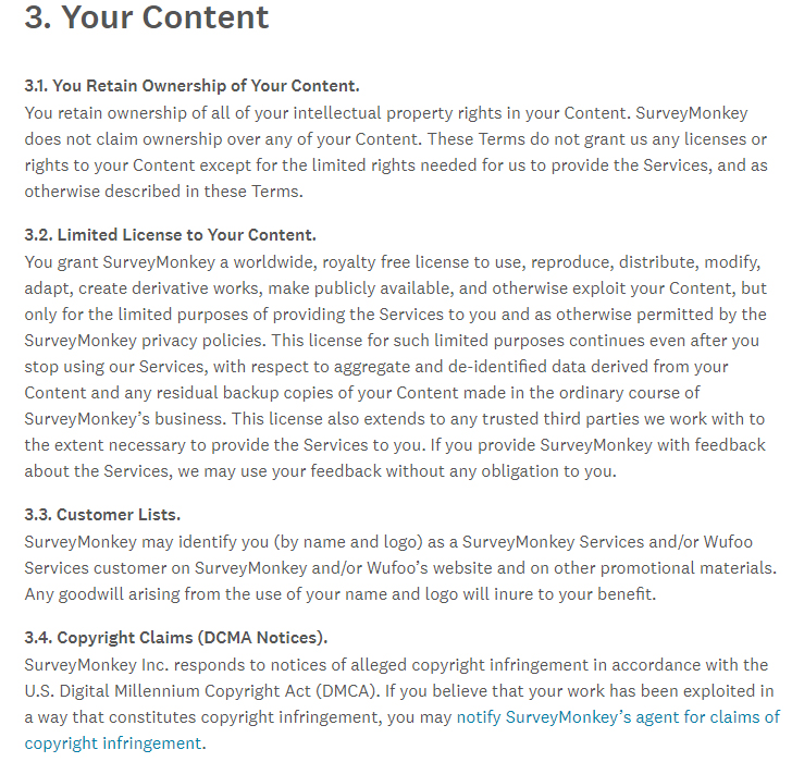 SurveyMonkey Terms of Use: User-Generated Content clause excerpt