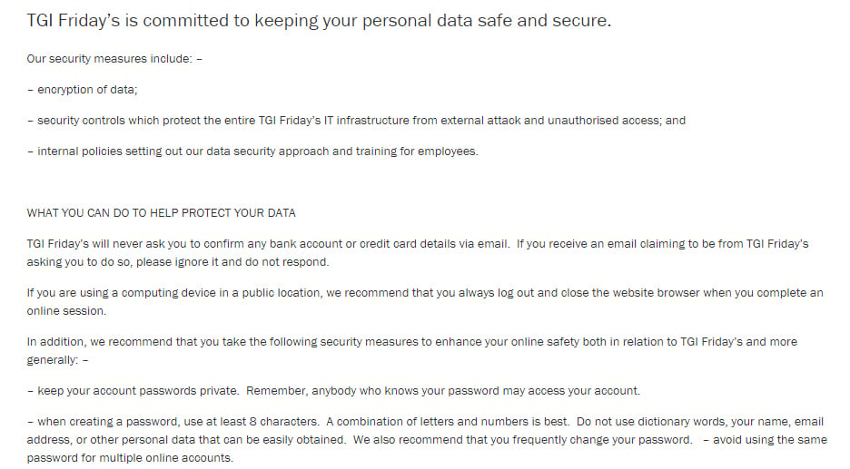 TGI Fridays Privacy Policy: Data Security clause