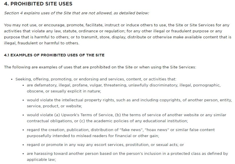 Upwork Terms of Use: Prohibited Site Uses clause excerpt