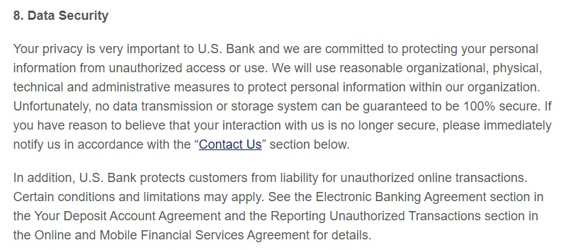 US Bank Privacy and Security Policy: Data Security clause