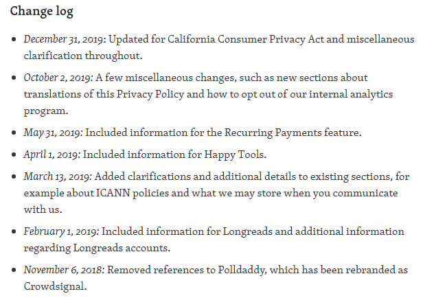 Automattic Privacy Policy: Change Log clause