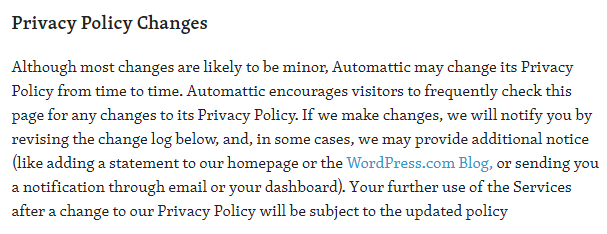 Automattic Privacy Policy: Privacy Policy Changes clause