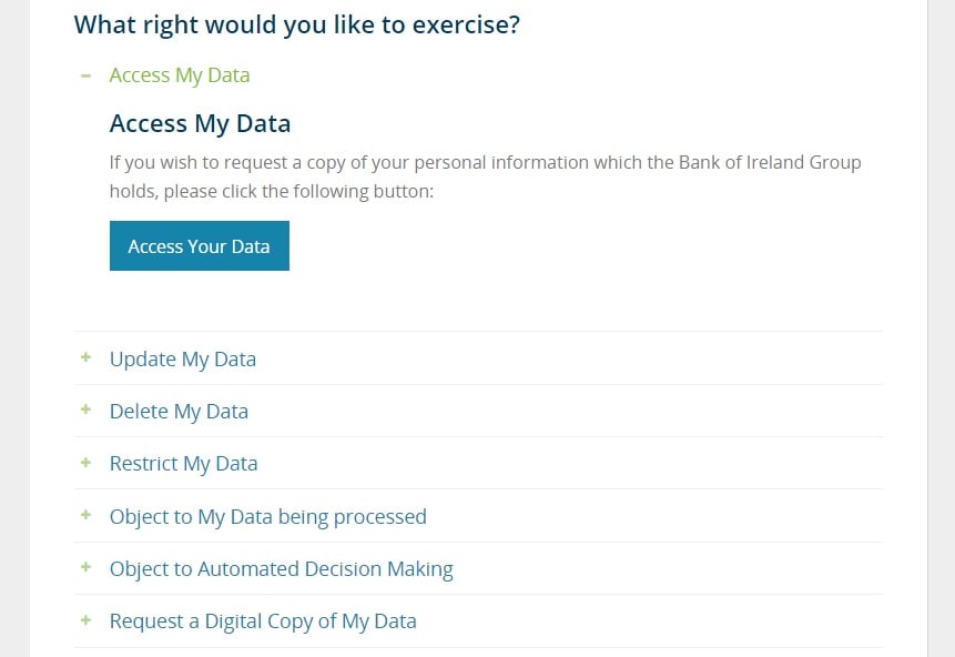 Bank of Ireland Data Subject Rights: What right would you like to exercise menu