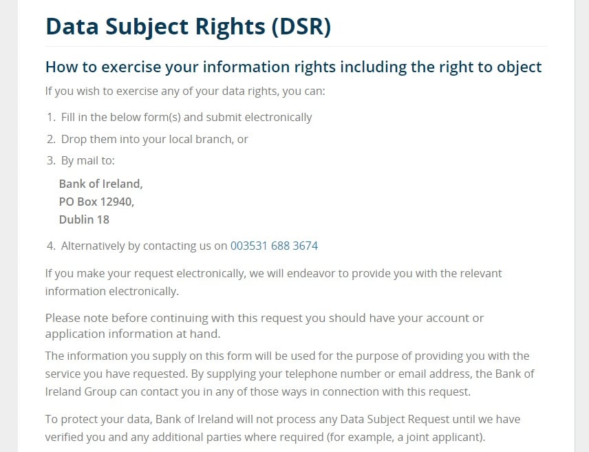 Bank of Ireland Data Subject Rights: How to exercise rights instructions