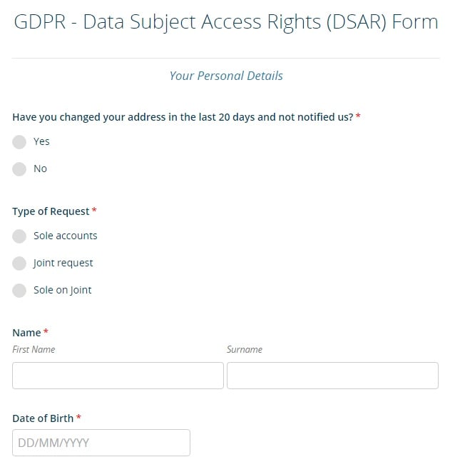 Bank of Ireland: Excerpt of GDPR DSAR form