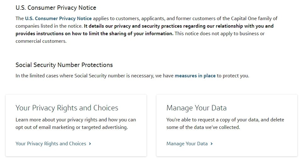 Screenshot of excerpt of Capital One Privacy Center