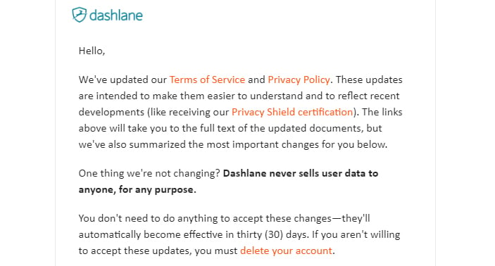 Screenshot of Dashlane email with notice of changes to Privacy Policy - Intro and opt-out section