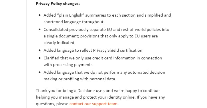 Screenshot of Dashlane email with notice of changes to Privacy Policy - List of changes section