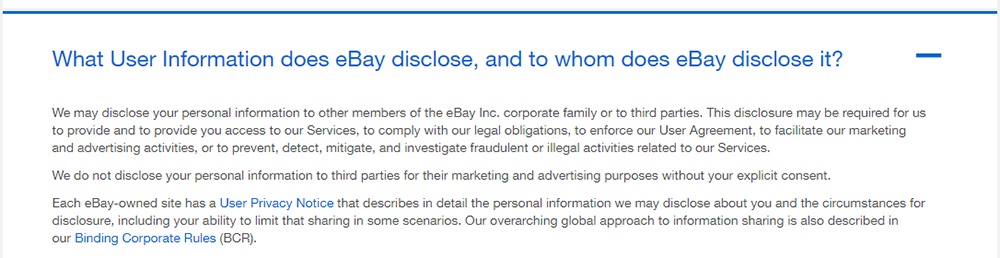 eBay Privacy FAQ: Disclose information section expanded