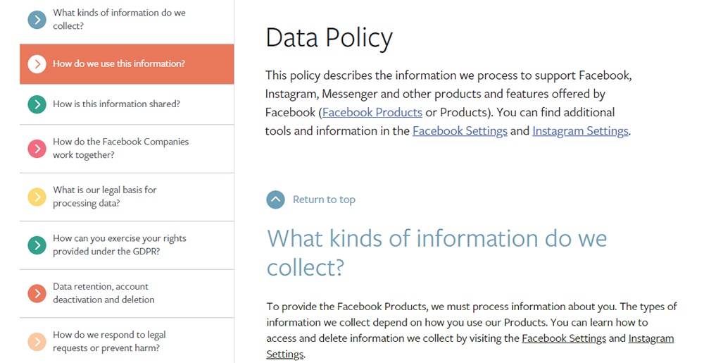 Screenshot of Facebook Data Policy intro and menu