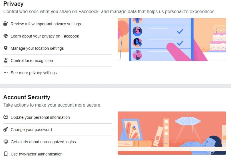 Screenshot of Facebook's Manage Privacy and Account Security settings page