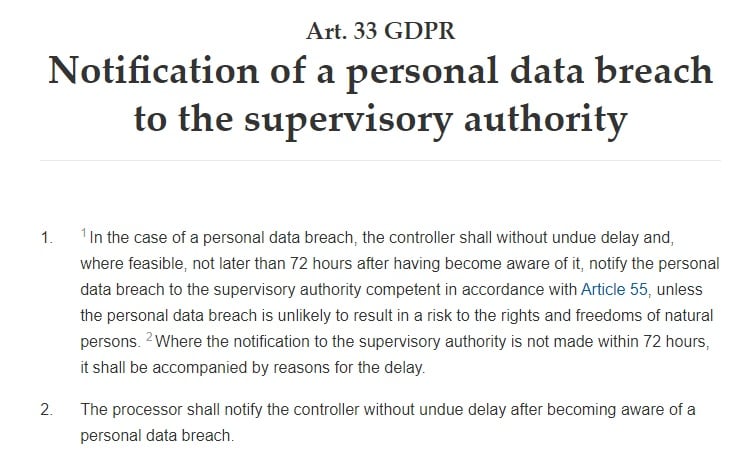 GDPR Info: Article 33 - Notification of a personal data breach to the supervisory authority excerpt