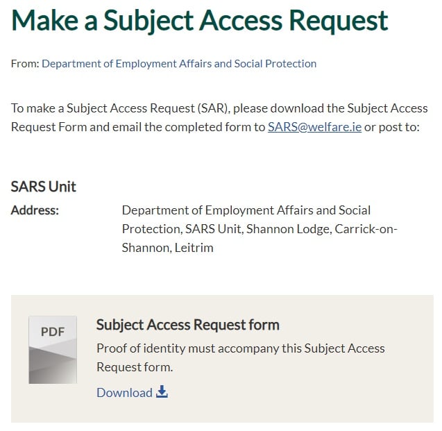 Ireland Dept of Employment Affairs and Social Protection: Subject Access Request page