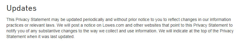 Lowe's Privacy and Security Statement: Updates clause