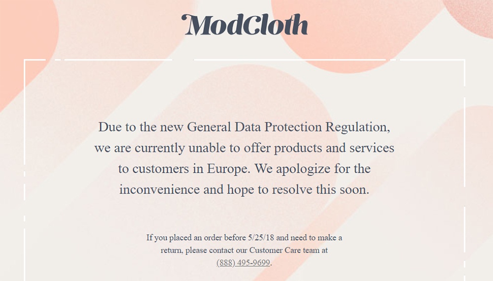 ModCloth: Notification that because of GDPR, EU visitors are blocked