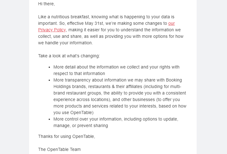 Screenshot of OpenTable email with notice of changes to Privacy Policy