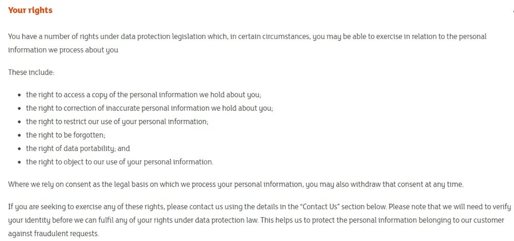 Sainsbury's Privacy Policy: Your rights clause