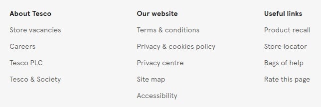 Tesco website footer with links