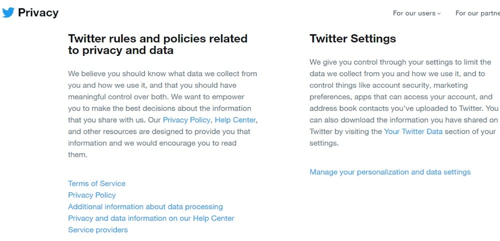 Twitter Privacy Center: Rules and Policies links and Manage Settings