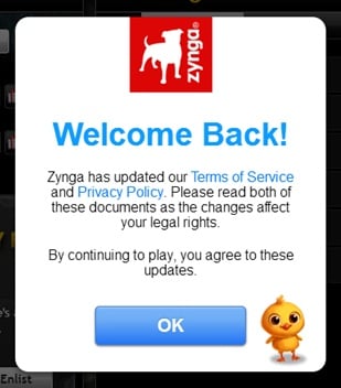 Zynga updated Terms of Service and Privacy Policy pop-up notice