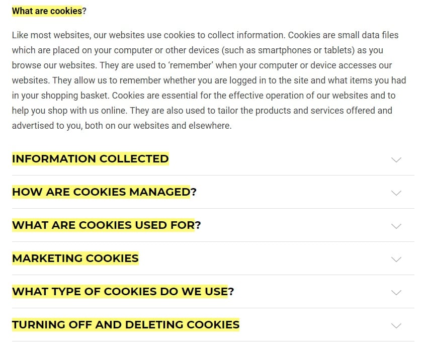 Gymshark Cookie Policy: Intro and table of contents