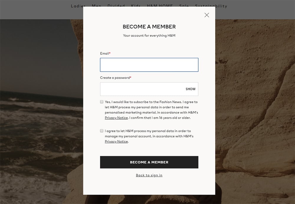 H and M account sign-up form