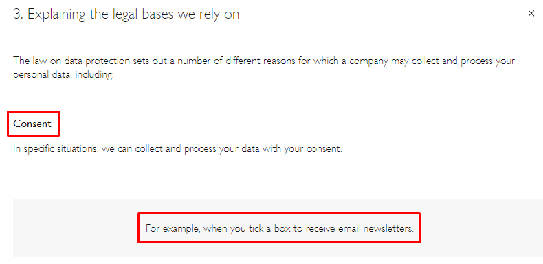 John Lewis Privacy Notice: Legal Bases clause - Consent section