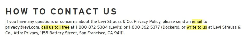 Levis Privacy Policy: How to Contact Us clause