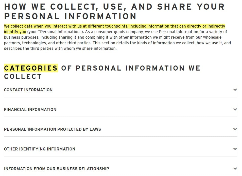 Levis Privacy Policy: How we collect, use and share your personal information and Categories of personal information collected clauses