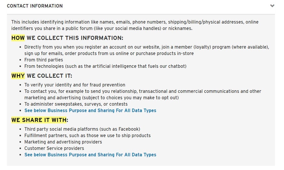 Levis Privacy Policy: How and why we collect, and who we share contact information with clause