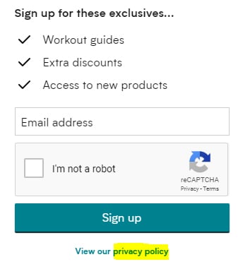 MyProtein sign-up form with Privacy Policy link