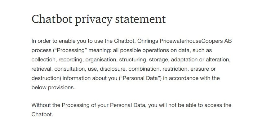 PricewaterhouseCoopers Chatbot Privacy Statement excerpt