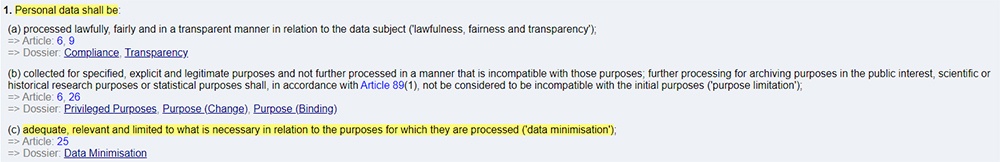 Privacy Regulation: GDPR Article 5 - Data minimisation section highlighted