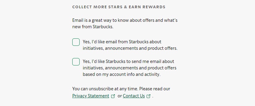 Starbucks email sign-up form