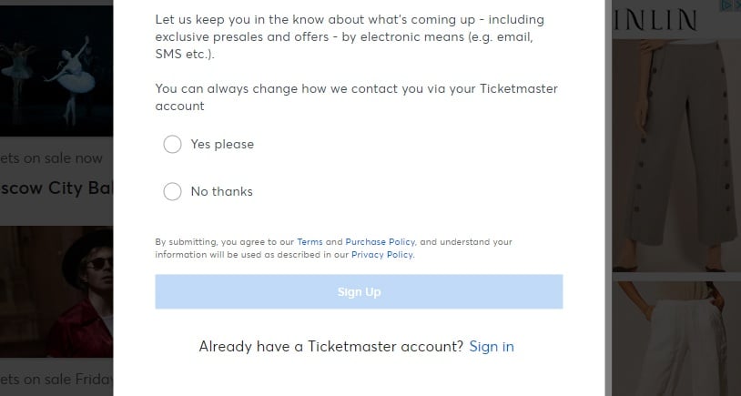 Ticketmaster Ireland email sign-up form