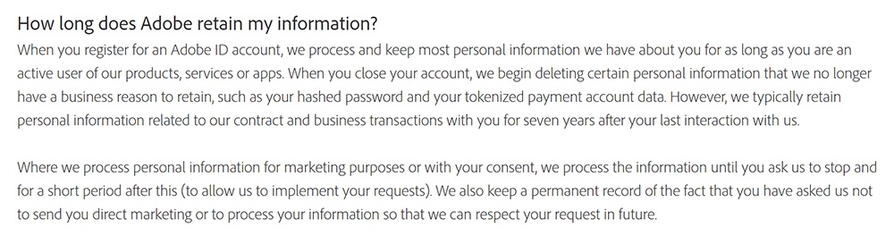 Adobe Privacy Policy: Data retention clause