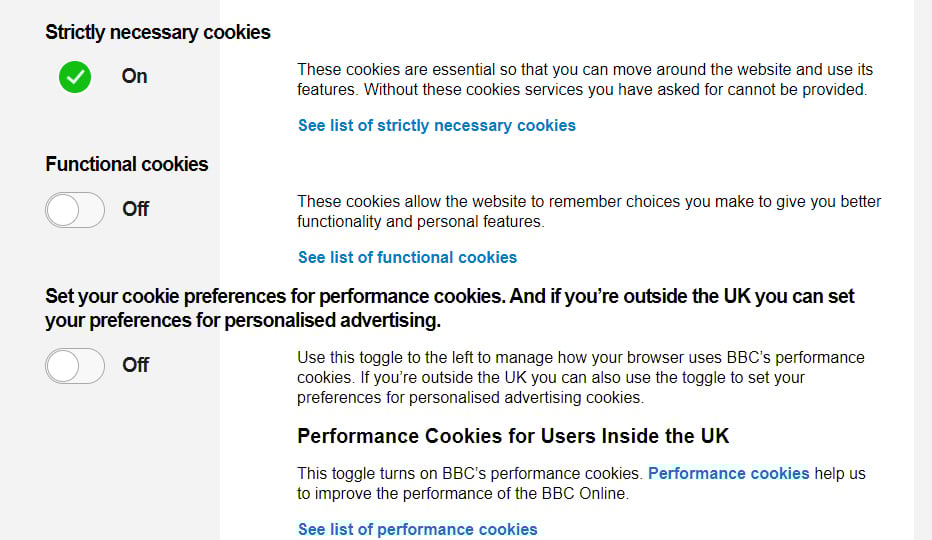 BBC updated cookies toggle mechanism