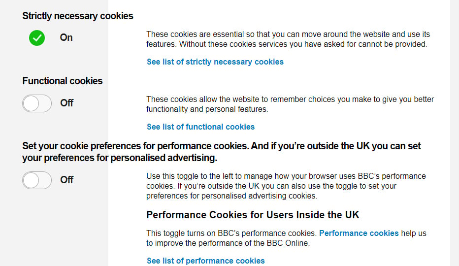 BBC updated cookies toggle mechanism