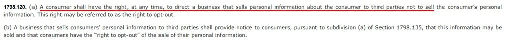 California Legislative Info: CCPA Section 1798 120 - Do not sell personal information section