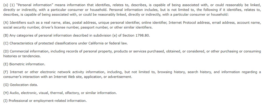 California Legislative Info: CCPA Section 1798 140 - Definition of personal information