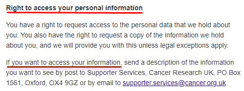 Cancer Research UK Privacy Statement: Right to access your personal information clause