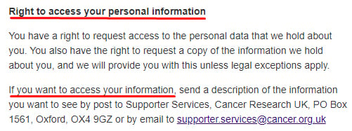 Cancer Research UK Privacy Statement: Right to access your personal information clause