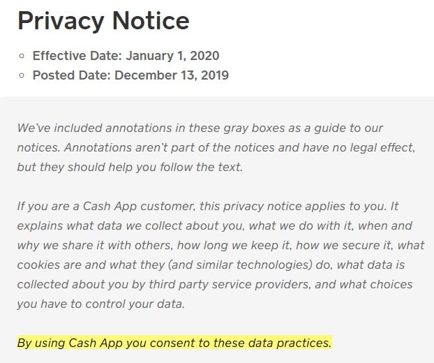 Cash App Privacy Notice: Browsewrap clause