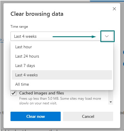 Edge browser Clear browsing data: Choose what time range to clear option